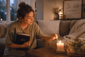 woman lighting candle